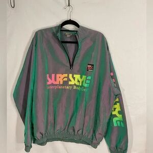 VINTAGE 90s Surf Style Windbreaker Jacket Gray Iridescent 1/4 Zip USA One Size